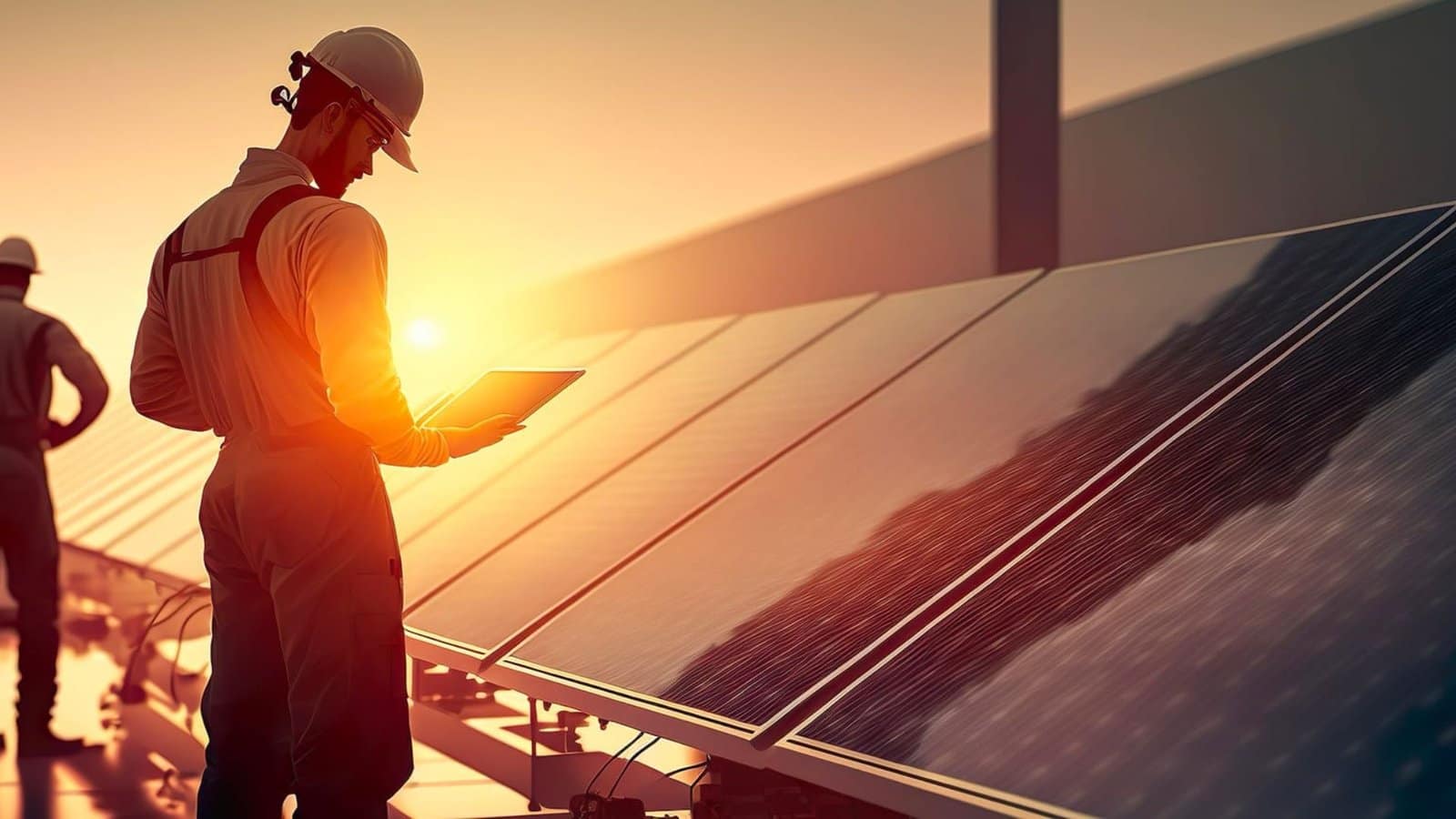 Un tecnico con casco e tablet controlla una fila di pannelli fotovoltaici al tramonto