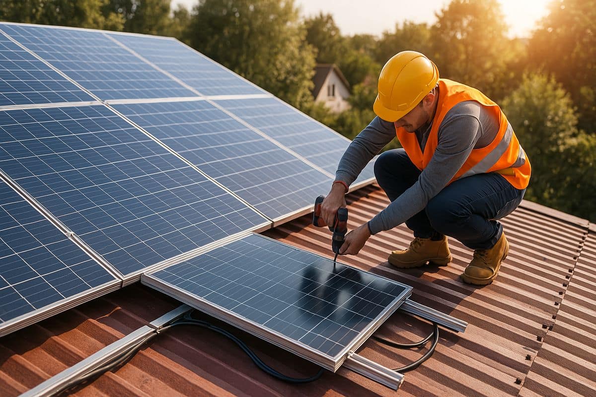 Installatore che fissa un pannello fotovoltaico sul tetto
